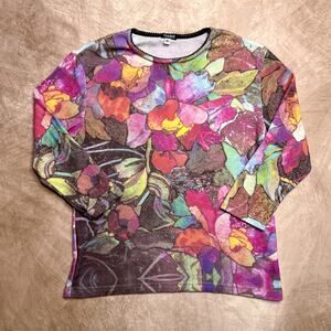 Vintage Y2K Yukiko Stained Glass Floral 3/4 Sleeve Graphic Print Shirt Fairy